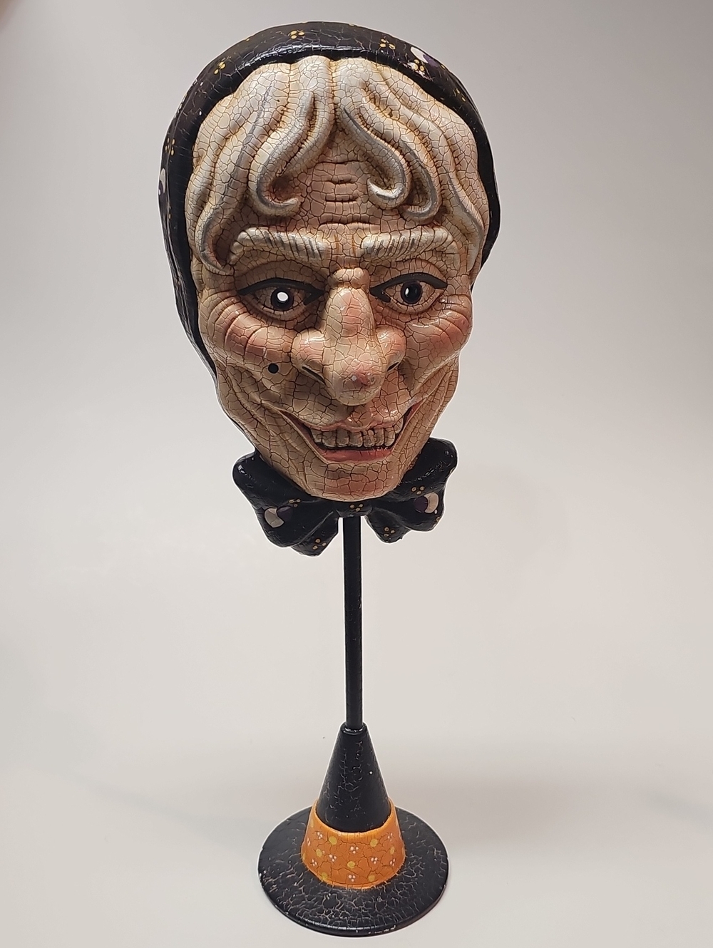 Vintage Creepy Halloween Horchow brn Crackle Folk Art Witch Head Sculpture Mask